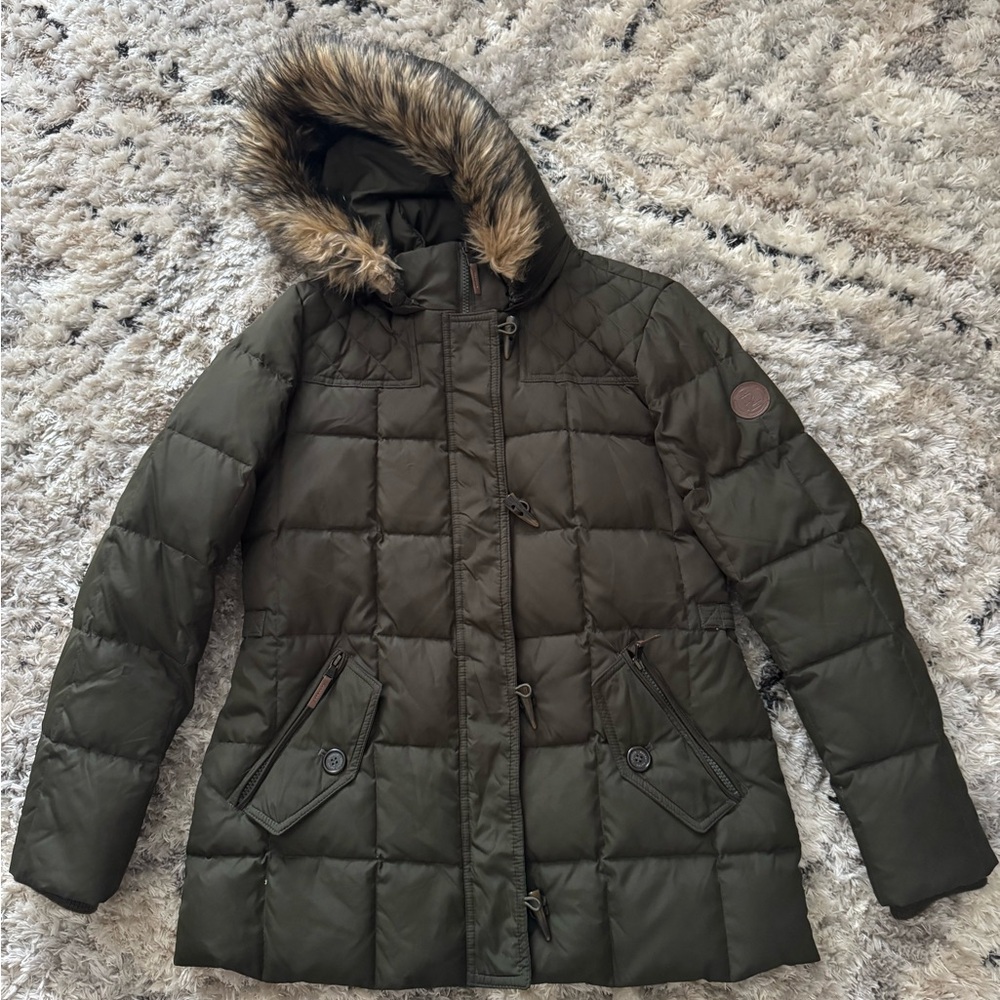 Women's Olive Quilted Jacket with Faux Fur Hood